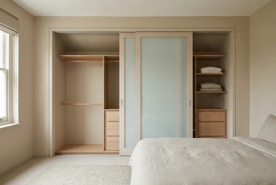 Fitted sliding wardrobe scribed into an alcove