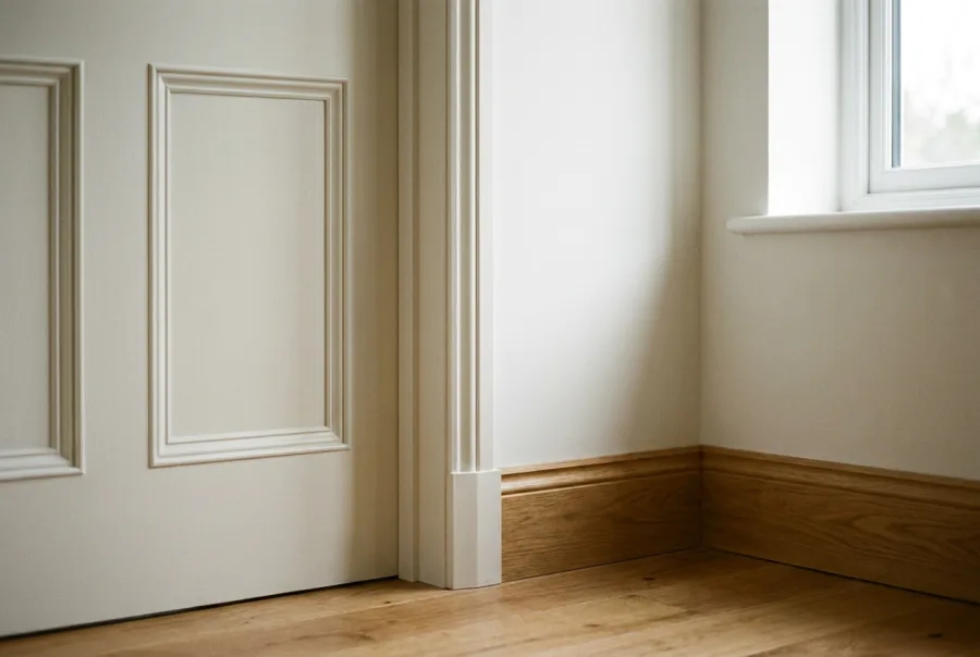 Panelled door with crisp architrave and skirting