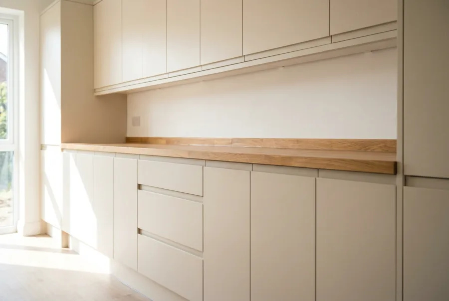 Freshly installed kitchen cabinets and oak worktop