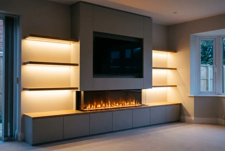 Bespoke built-in media wall with recessed fire