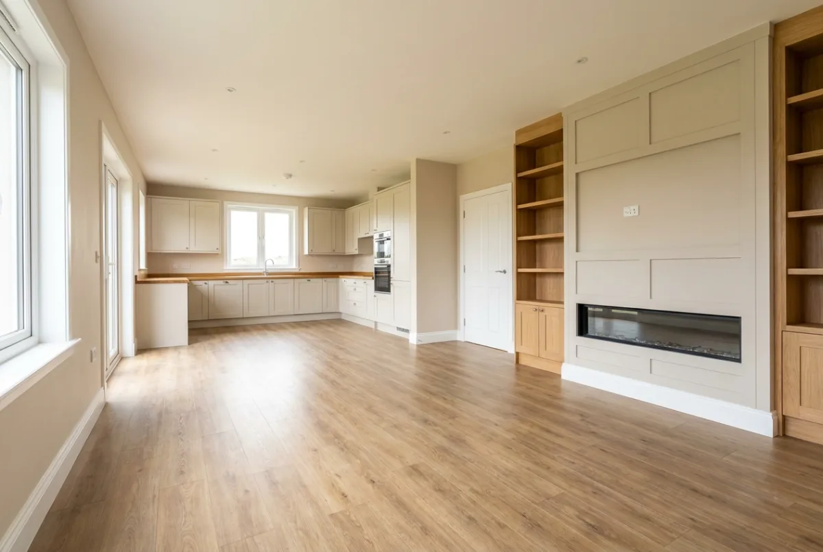 Completed open-plan renovation with fitted kitchen, flooring and bespoke joinery