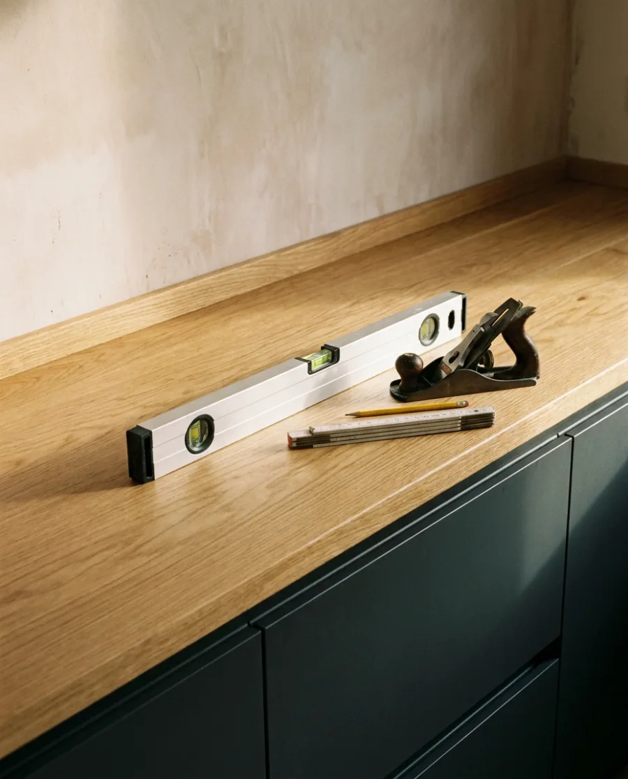 Spirit level on a newly fitted oak worktop, scribed tight to the wall